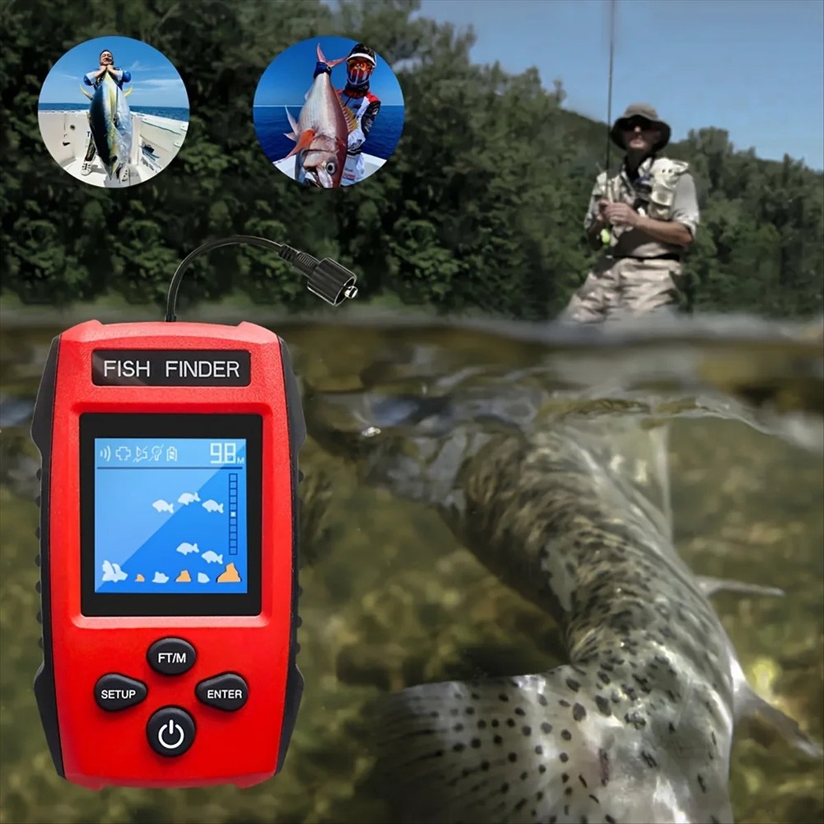 Fishing Boat Depth Finder - Farb-LCD-Fischfinder, kabelgebundener Sonar-Wandler mit Erkennung, Tiefenfinder,